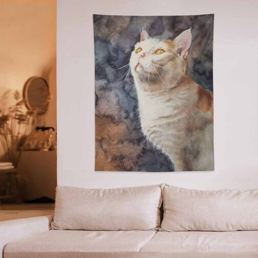 Watercolor painting of cat above beige couch.