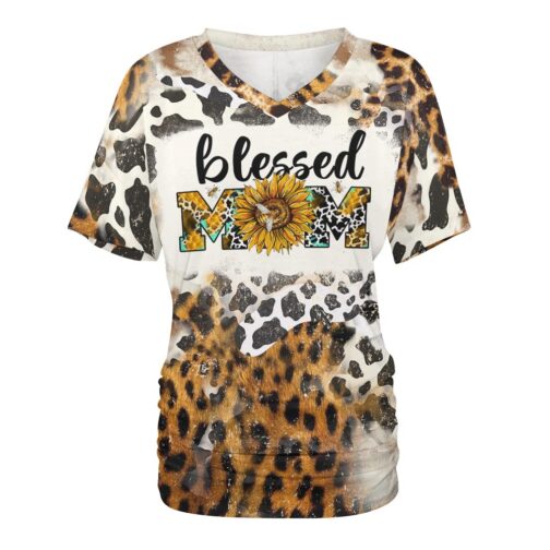 Blessed mom shirt with sunflower and leopard print