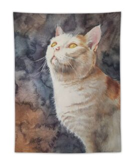 Watercolor painting of a cat with bright eyes.