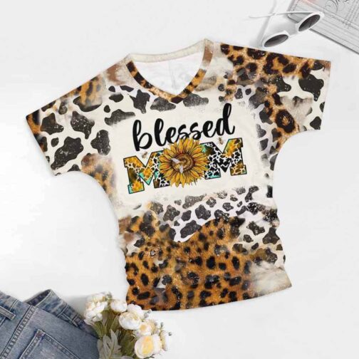 Blessed mom leopard print shirt with sunflower design