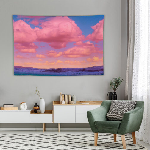 Colorful sunset landscape on living room wall.