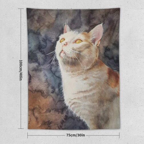 Watercolor cat portrait on a tapestry.