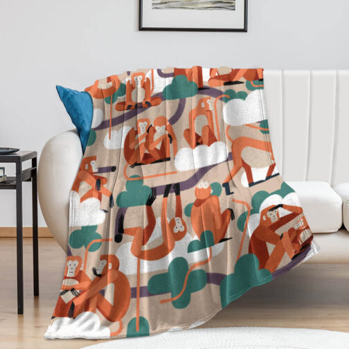 Colorful monkey pattern blanket on sofa