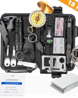 Military-grade outdoor travel survival kit with mini camping tools, emergency bracelet, whistle, blanket and knife.