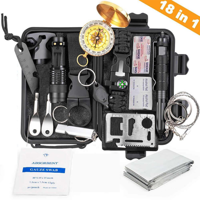 18-in-1 outdoor survival kit with tools and accessories.