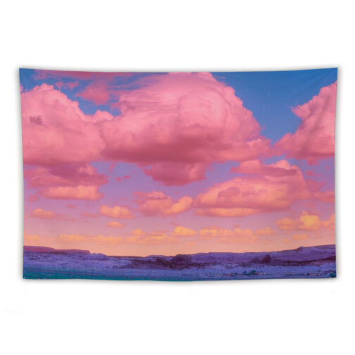 Pink clouds over desert landscape at sunset.