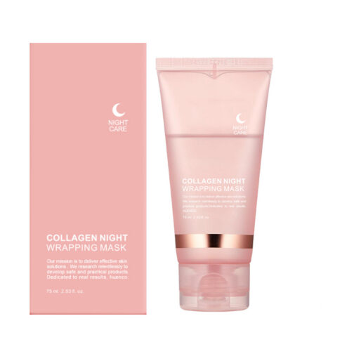 Collagen night wrapping mask packaging, pink theme.