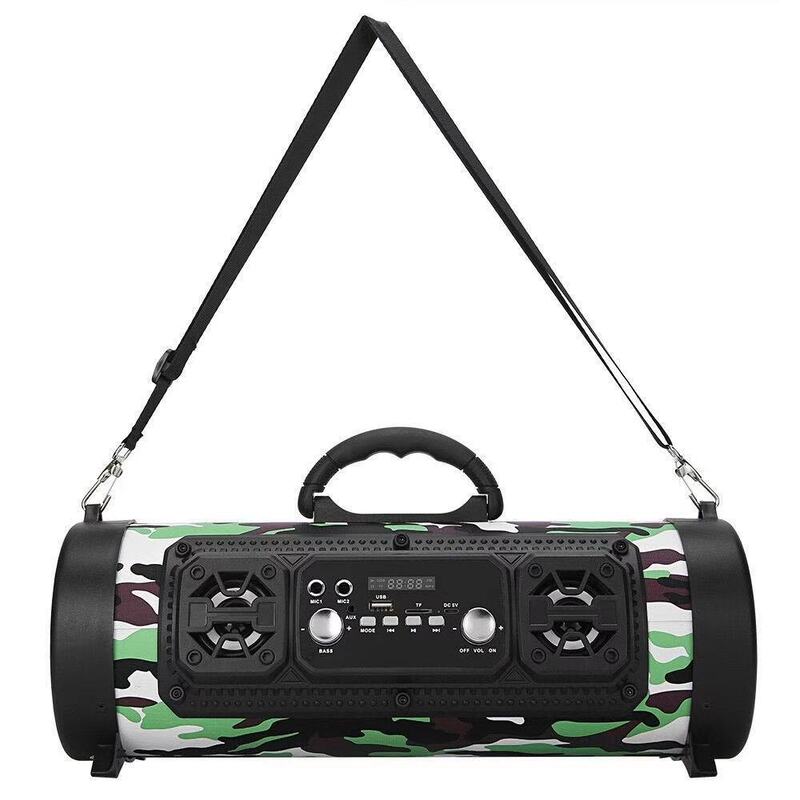 Portable speaker with camouflage design and strap.