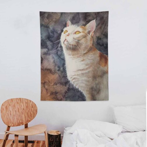 Cozy room decor with cat wall tapestry art.