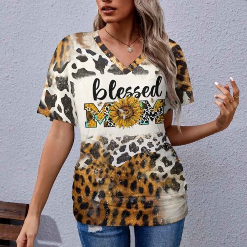 Woman wearing 'Blessed Mom' leopard print T-shirt
