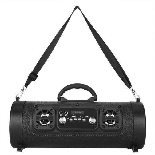 Portable speaker with strap and control panel