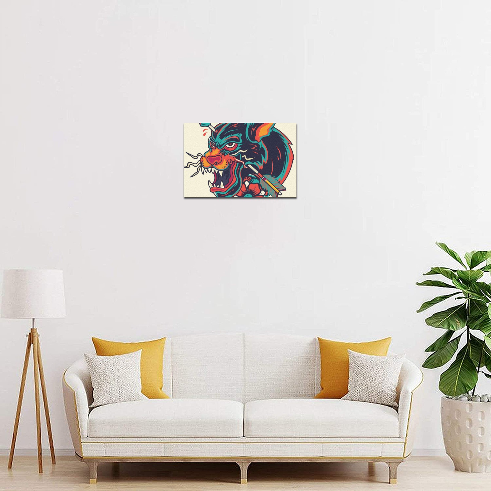 Living room with couch and abstract wall art.