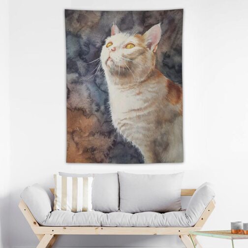 Cat painting on wall above sofa