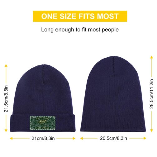 Two navy beanies with size measurements.
