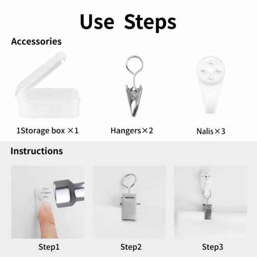 Hangers and nails installation steps with accessories.