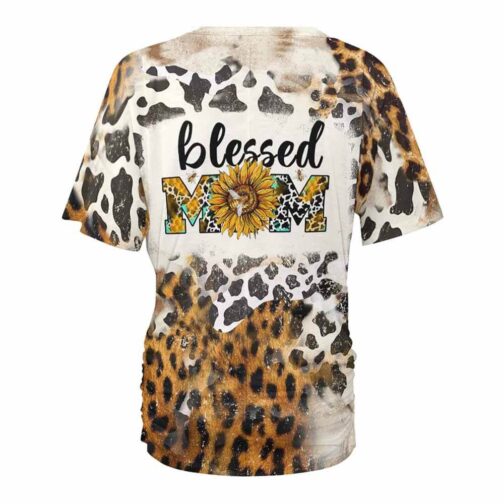 Blessed Mom leopard print T-shirt with sunflower design.